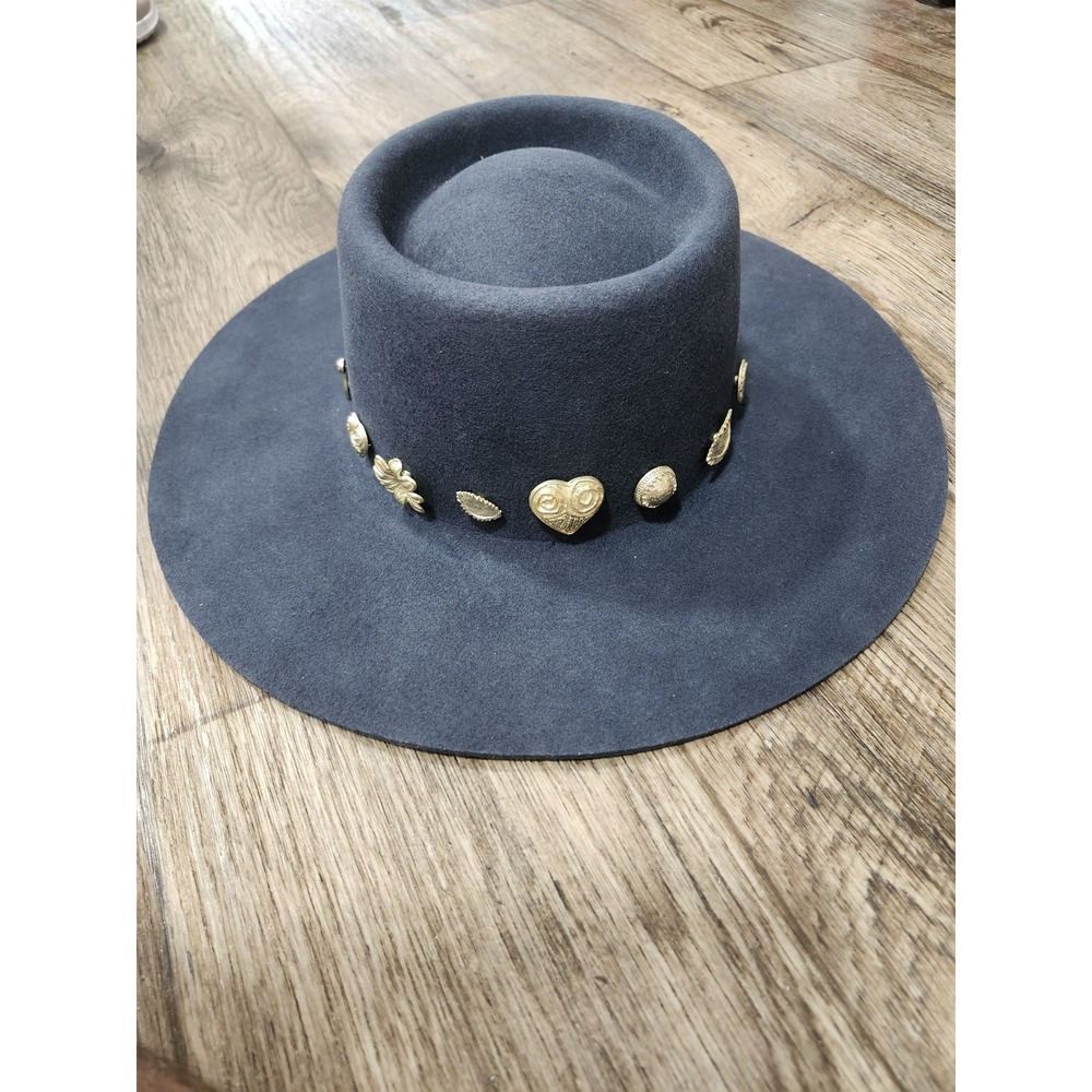 Lack of Color Navy Blue Cosmic Celestial Boater Hat Wool Gold Charms Large 59 cm